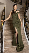 Load image into Gallery viewer, Wholesale Elegant One-Shoulder Satin Evening Gown with Side Slit Fitted Formal Dress by LA2199 - OLIVE - Prom Dress LA Merchandise