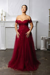 Load image into Gallery viewer, Wholesale Off-Shoulder Lace Corset A-Line Gown with Tulle Skirt &amp; Leg Slit Evening Dress by LA2200 - BURGUNDY - Prom Dress LA Merchandise