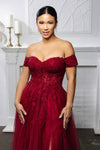 Load image into Gallery viewer, Wholesale Off-Shoulder Lace Corset A-Line Gown with Tulle Skirt &amp; Leg Slit Evening Dress by LA2200 - - Prom Dress LA Merchandise