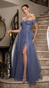 Load image into Gallery viewer, Wholesale Off-Shoulder Lace Corset A-Line Gown with Tulle Skirt &amp; Leg Slit Evening Dress by LA2200 - - Prom Dress LA Merchandise
