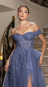 Load image into Gallery viewer, Wholesale Off-Shoulder Lace Corset A-Line Gown with Tulle Skirt &amp; Leg Slit Evening Dress by LA2200 - - Prom Dress LA Merchandise