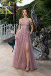 Load image into Gallery viewer, Wholesale Off-Shoulder Lace Corset A-Line Gown with Tulle Skirt &amp; Leg Slit Evening Dress by LA2200 - DUSTY ROSE - Prom Dress LA Merchandise