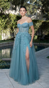 Load image into Gallery viewer, Wholesale Off-Shoulder Lace Corset A-Line Gown with Tulle Skirt &amp; Leg Slit Evening Dress by LA2200 - - Prom Dress LA Merchandise