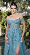 Load image into Gallery viewer, Wholesale Off-Shoulder Lace Corset A-Line Gown with Tulle Skirt &amp; Leg Slit Evening Dress by LA2200 - - Prom Dress LA Merchandise