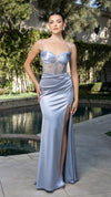 Load image into Gallery viewer, Wholesale Elegant Satin Corset Evening Gown with Rhinestone Mesh Bodice &amp; High Slit by LA2201 - DUSTYBLUE - Prom Dress LA Merchandise