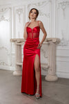 Load image into Gallery viewer, Wholesale Elegant Satin Corset Evening Gown with Rhinestone Mesh Bodice &amp; High Slit by LA2201 - - Prom Dress LA Merchandise