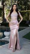 Load image into Gallery viewer, Wholesale Off-Shoulder Sheath Evening Gown with Corset Lace-Up Back &amp; Beaded Bodice by LA2202 - ROSEGOLD - Prom Dress LA Merchandise
