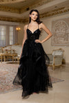 Load image into Gallery viewer, Wholesale Sequin Lace-Up Back Layered Tulle Dress Spaghetti Strap A-Line Evening Gown by LA2203 - BLACK - Prom Dress LA Merchandise