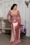 Load image into Gallery viewer, Wholesale Sequin Lace Long Sleeve Evening Gown Sheath Satin Dress with Illusion Back by LA2204 - - Mother of the Bride Dresses LA Merchandise