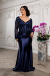 Load image into Gallery viewer, Wholesale Sequin Lace Long Sleeve Evening Gown Sheath Satin Dress with Illusion Back by LA2204 - - Mother of the Bride Dresses LA Merchandise