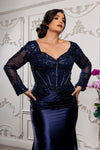 Load image into Gallery viewer, Wholesale Sequin Lace Long Sleeve Evening Gown Sheath Satin Dress with Illusion Back by LA2204 - - Mother of the Bride Dresses LA Merchandise