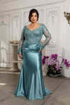 Load image into Gallery viewer, Wholesale Sequin Lace Long Sleeve Evening Gown Sheath Satin Dress with Illusion Back by LA2204 - SAGE - Mother of the Bride Dresses LA Merchandise