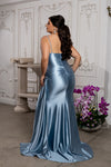 Load image into Gallery viewer, Wholesale Spaghetti Strap Deep V-Neck Ruched Stretch Satin Sheath Prom Evening Gown by LA2205