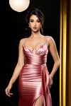 Load image into Gallery viewer, Wholesale Spaghetti Strap Deep V-Neck Ruched Stretch Satin Sheath Prom Evening Gown by LA2205