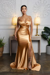 Load image into Gallery viewer, Wholesale Spaghetti Strap Deep V-Neck Ruched Stretch Satin Sheath Prom Evening Gown by LA2205