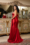 Load image into Gallery viewer, Wholesale Spaghetti Strap Deep V-Neck Ruched Stretch Satin Sheath Prom Evening Gown by LA2205