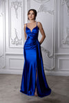 Load image into Gallery viewer, Wholesale Spaghetti Strap Deep V-Neck Ruched Stretch Satin Sheath Prom Evening Gown by LA2205