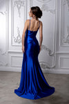 Load image into Gallery viewer, Wholesale Spaghetti Strap Deep V-Neck Ruched Stretch Satin Sheath Prom Evening Gown by LA2205