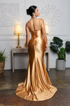 Load image into Gallery viewer, Wholesale Spaghetti Strap Deep V-Neck Ruched Stretch Satin Sheath Prom Evening Gown by LA2205