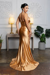 Load image into Gallery viewer, Wholesale Spaghetti Strap Deep V-Neck Ruched Stretch Satin Sheath Prom Evening Gown by LA2205