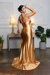 Load image into Gallery viewer, Wholesale Spaghetti Strap Deep V-Neck Ruched Stretch Satin Sheath Prom Evening Gown by LA2205