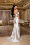 Load image into Gallery viewer, Wholesale Spaghetti Strap Deep V-Neck Ruched Stretch Satin Sheath Bridal Wedding Gown by LA2205