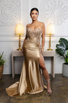 Load image into Gallery viewer, Wholesale Strapless Corset Lace Appliqué Satin Prom Dress with High Slit &amp; Lace-Up Back by LA2207 - - Prom Dress LA Merchandise