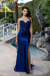 Load image into Gallery viewer, Wholesale Strapless Corset Lace Appliqué Satin Prom Dress with High Slit &amp; Lace-Up Back by LA2207 - NAVY - Prom Dress LA Merchandise