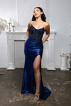 Load image into Gallery viewer, Wholesale Strapless Corset Lace Appliqué Satin Prom Dress with High Slit &amp; Lace-Up Back by LA2207 - - Prom Dress LA Merchandise