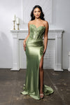 Load image into Gallery viewer, Wholesale Strapless Corset Lace Appliqué Satin Prom Dress with High Slit &amp; Lace-Up Back by LA2207 - OLIVE - Prom Dress LA Merchandise