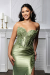 Load image into Gallery viewer, Wholesale Strapless Corset Lace Appliqué Satin Prom Dress with High Slit &amp; Lace-Up Back by LA2207 - - Prom Dress LA Merchandise