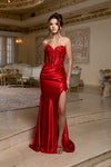Load image into Gallery viewer, Wholesale Strapless Corset Lace Appliqué Satin Prom Dress with High Slit &amp; Lace-Up Back by LA2207 - - Prom Dress LA Merchandise