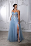 Load image into Gallery viewer, Wholesale Elegant A-Line Tulle Prom Dress with Corset Bodice Lace Appliqué by LA2209 - DUSTYBLUE - Prom Dress LA Merchandise
