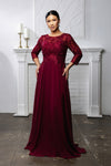 Load image into Gallery viewer, Wholesale Lace Bodice Long Sleeve A-Line Evening Gown Floor-Length Dress by LA2210 - BURGUNDY - Mother of the Bride Dress LA Merchandise
