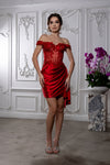 Load image into Gallery viewer, Wholesale Off-Shoulder Corset Mini Cocktail Dress Satin Beaded Lace Party Dress by LA2213