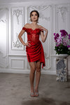 Load image into Gallery viewer, Wholesale Off-Shoulder Corset Mini Cocktail Dress Satin Beaded Lace Party Dress by LA2213