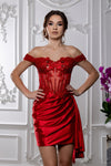 Load image into Gallery viewer, Wholesale Off-Shoulder Corset Mini Cocktail Dress Satin Beaded Lace Party Dress by LA2213