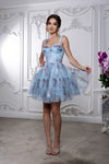 Load image into Gallery viewer, Wholesale Short Floral Tulle Fit &amp; Flare Dress Corset Sweetheart Neck Sleeveless Dress by LA2216 - BLUE MULTI - Short Dresses LA Merchandise