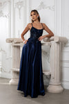 Load image into Gallery viewer, Wholesale Satin A-Line Prom Dress with Lace Appliqué Corset Bodice &amp; Lace-Up Back by LA2217 - NAVY - Dresses LA Merchandise