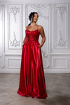 Load image into Gallery viewer, Wholesale Satin A-Line Prom Dress with Lace Appliqué Corset Bodice &amp; Lace-Up Back by LA2217 - - Dresses LA Merchandise