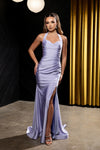 Load image into Gallery viewer, Wholesale Halter Neck Ruched Satin Formal Gown Mermaid Fit Prom Dress with Slit by LA2218