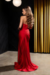 Load image into Gallery viewer, Wholesale Halter Neck Ruched Satin Formal Gown Mermaid Fit Prom Dress with Slit by LA2218