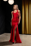 Load image into Gallery viewer, Wholesale Halter Neck Ruched Satin Formal Gown Mermaid Fit Prom Dress with Slit by LA2218
