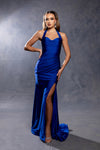 Load image into Gallery viewer, Wholesale Halter Neck Ruched Satin Formal Gown Mermaid Fit Prom Dress with Slit by LA2218