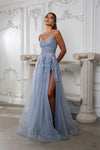 Load image into Gallery viewer, Wholesale Lace Appliqué Tulle A-Line Evening Gown with Spaghetti Straps High Slit by LA2220
