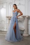 Load image into Gallery viewer, Wholesale Lace Appliqué Tulle A-Line Evening Gown with Spaghetti Straps High Slit by LA2220