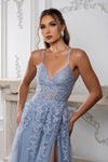 Load image into Gallery viewer, Wholesale Lace Appliqué Tulle A-Line Evening Gown with Spaghetti Straps High Slit by LA2220