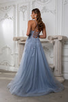 Load image into Gallery viewer, Wholesale Lace Appliqué Tulle A-Line Evening Gown with Spaghetti Straps High Slit by LA2220