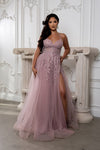 Load image into Gallery viewer, Wholesale Lace Appliqué Tulle A-Line Evening Gown with Spaghetti Straps High Slit by LA2220