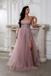 Load image into Gallery viewer, Wholesale Lace Appliqué Tulle A-Line Evening Gown with Spaghetti Straps High Slit by LA2220